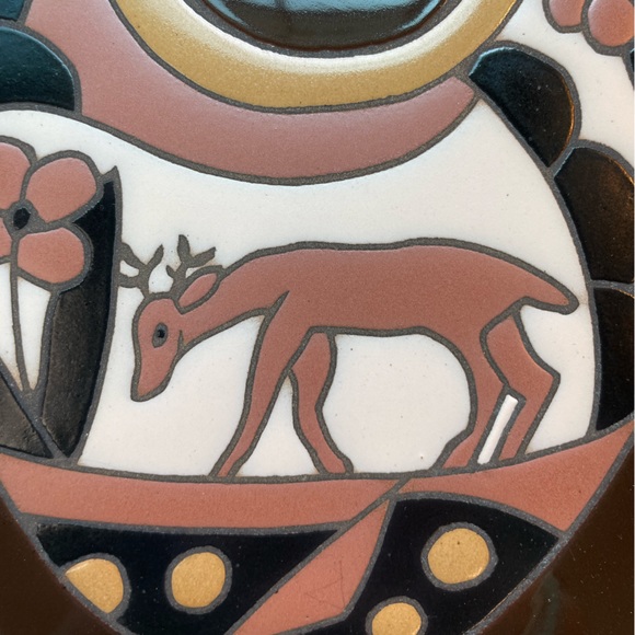 Vintage Southwest brown and black ceramic tiles trivet wall decor deer on pot - Picture 3 of 7